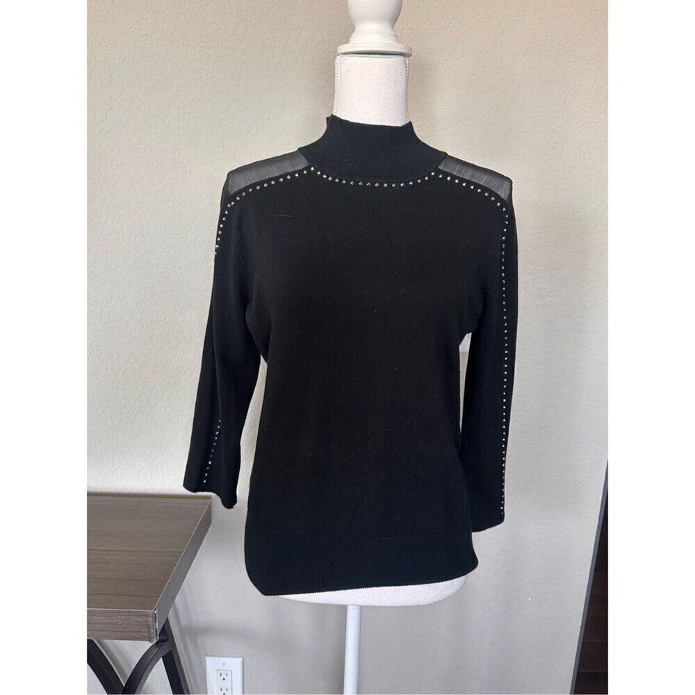 Cable & Gauge Studded Sheer Shoulder 3/4 Sleeve Black Blouse Medium